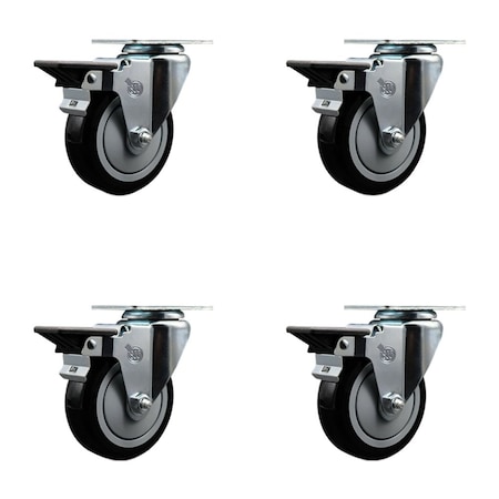 Service Caster 4'' Black Poly Wheel Swivel Top Plate Caster Set Posi Brake, 4PK SCC-20S414-PPUB-BLK-PLB-4
